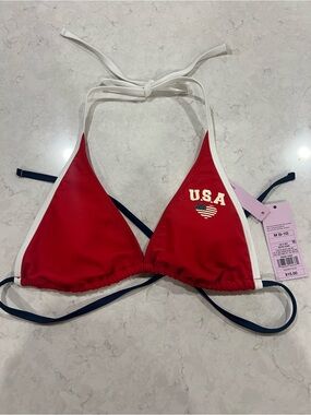 Target Red Triangle Bikini Top with White Trim and Navy Ties
